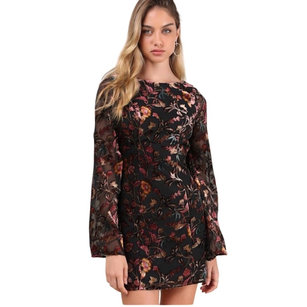 New Lulus Floral Velvet Burnout Dress Mini Open Back Dark Romance‎ Whimsigoth S